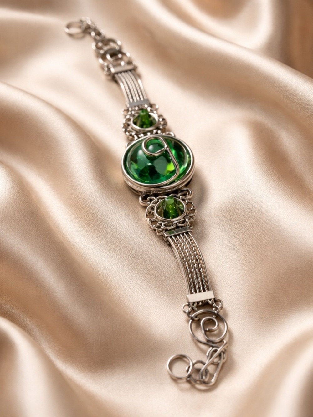 Silvertone Green Glass Statement Bracelet